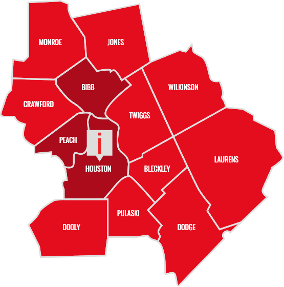 Map of middle Georgia with a pin in Houston county